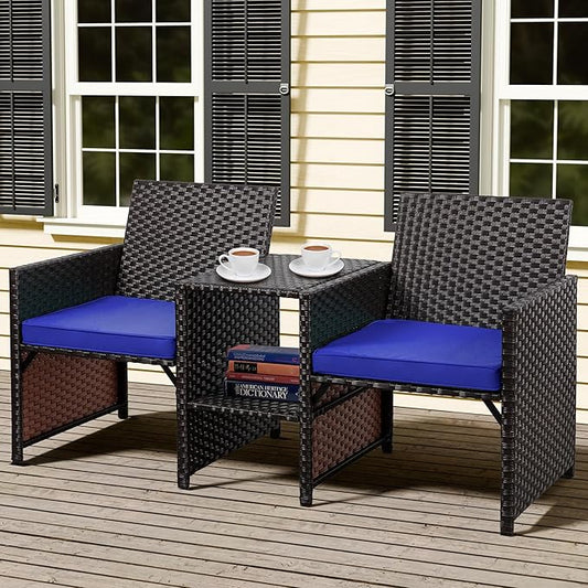 Shintenchi Wicker Patio Conversation Furniture Set with Detachable Chairs & Table and Two Removable Cushions,Rattan Wicker Lover Chair for Patio,Garden, Courtyard and Lawn Backyard (Deep Blue) - LeafyLoom