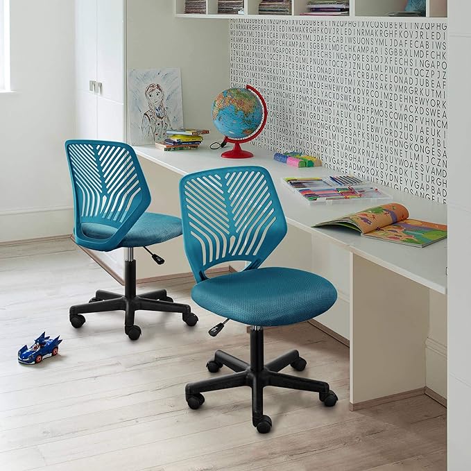 Yaheetech Students Cute Desk Chair Low-Back Armless Study Chair w/Lumbar Support Adjustable Swivel Chair in Home Bedroom School, Turquoise - LeafyLoom