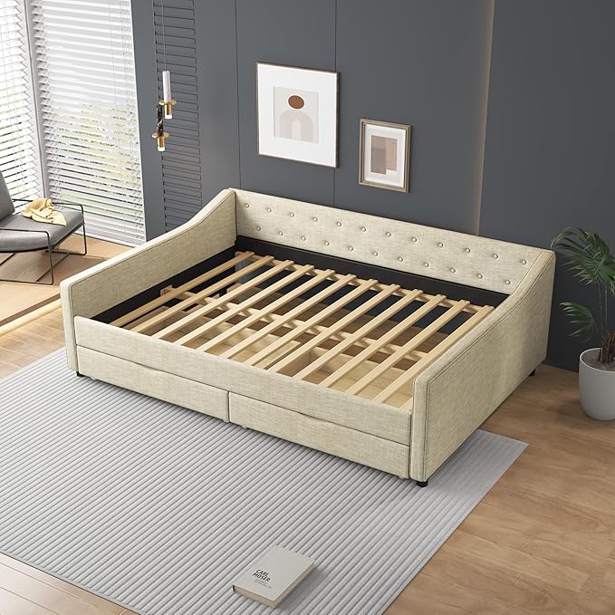 Full Size Daybed with Drawers, Linen Upholstered Tufted Sofa Bed Frame with Button on Back, Waved Shape Arms, Wooden Slats Support, Space-Saving for Apartment,Bedroom - LeafyLoom