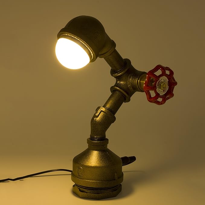 Industrial Steampunk LED Desk Lamp, Iron Piping Loft Style Vintage Antique Light, Retro Desk Lamp, Alfred Night Light LL-007-WW - LeafyLoom