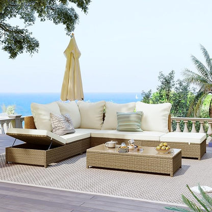 Merax Patio Furniture Sets Outdoor, All Weather PE Rattan Sofa with Adjustable Chaise Lounge, Seat Cushions and Tempered Glass Table, Beige - LeafyLoom