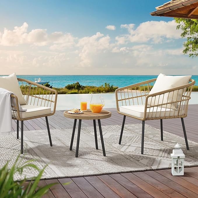 YITAHOME 3 Pieces Outdoor Wicker Patio Conversation Bistro Set, All-Weather Rattan Patio Furniture Set with Table & Cushions, Outdoor Sectional Sofa for Patio, Balcony, Backyard, Deck - LeafyLoom