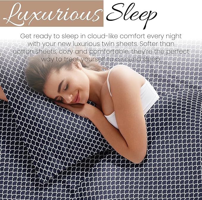 3 Piece Twin Bedding Sheet Set (Navy Scallops) - Sleep Better Than Ever with These Ultra-Soft & Cooling Bed Sheets for Your Twin Size Bed - Deep Pocket Fits 16" Mattress - LeafyLoom