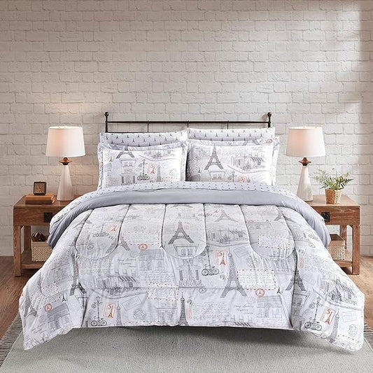 Printed Queen Bedding Sets with Comforter and Sheets, 7 Piece Bed in A Bag Comforter Set with Fluffy Microfiber, Vintage French Paris City Retro Eiffel Tower Pattern - LeafyLoom