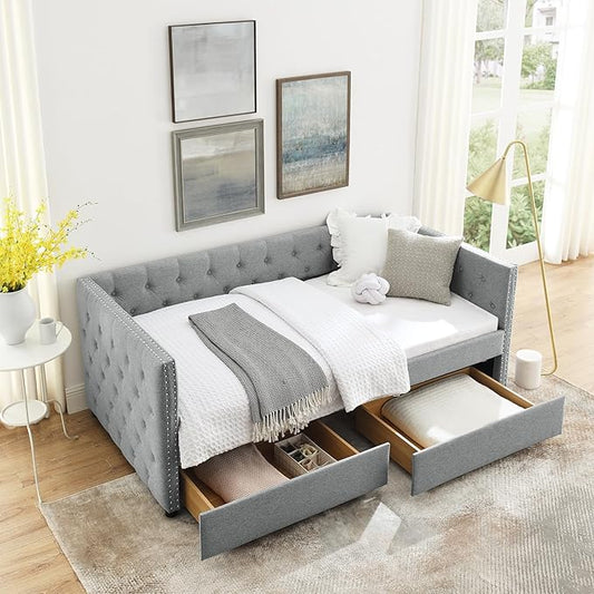 RITSU Twin Size Upholstered Daybed, Pull Out with Two Storage Drawers, Solid Wood Frame Sofa Bed, Tufted Buttons and Copper Nails On Square Arms, for Bedrooms, Apartments, 82.75, Grey-1 - LeafyLoom