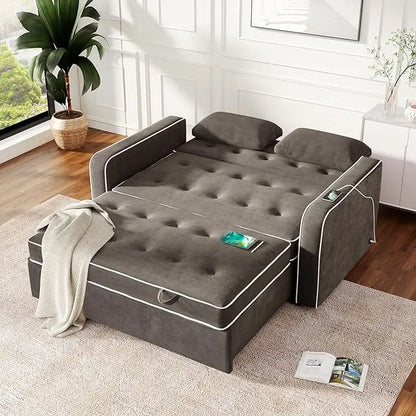 3 in 1 Multi-Functional Pull Out Sofa Bed , Linen Upholstered Convertible Sleeper Loveseat Couch Guest Daybed with Adjustable Backrest and Dual USB Charging Port for Living Room Office RV Furniture - LeafyLoom