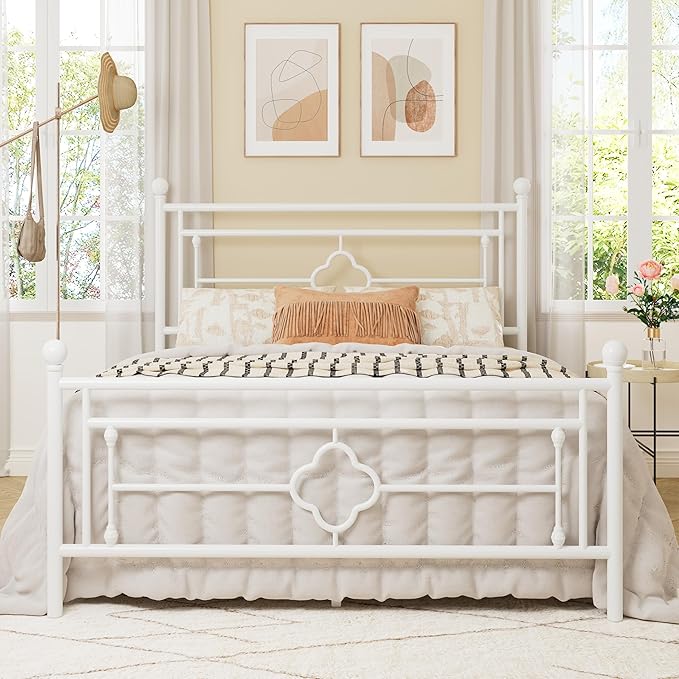 Allewie Queen Size Metal Platform Bed Frame with Victorian Vintage Headboard and Footboard/Mattress Foundation/Under Bed Storage/No Box Spring Needed/Noise-Free/Easy Assembly, White - LeafyLoom