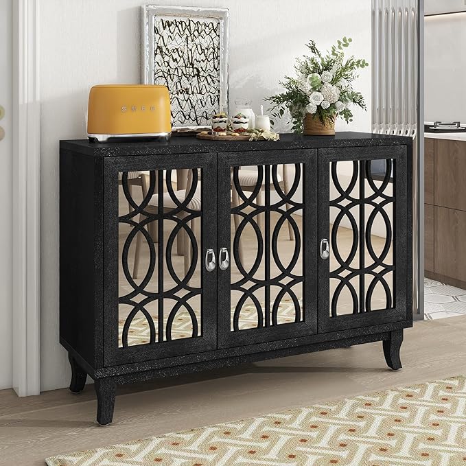 Multifunctional Sideboard with Glass, Vintage 3 Door Mirrored Buffet Cabinet,W/Silver Handle,Easy to Assemble,Console Table for Living Room Hallway Entryway,Black, 47.2" - LeafyLoom