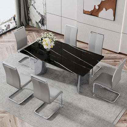 NicBex Modern Minimalist Dining Table Black Imitation Marble Glass Desktop is Equipped with Silver Metal Legs Suitable for Restaurants and Living Rooms, Black + Silver - LeafyLoom