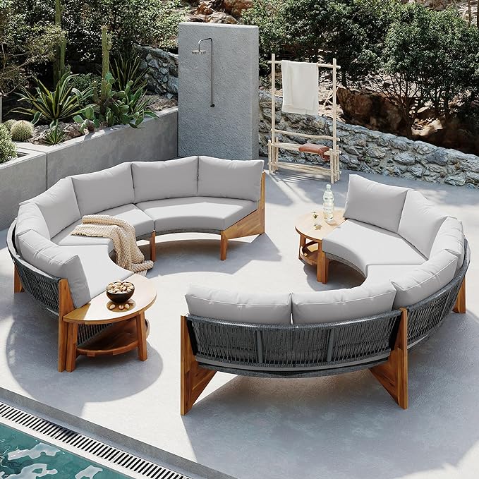 Merax Outdoor Sectional Patio Furniture Sets, Half Moon All Weather Wicker Seating Group, with Cushions and Round Coffee Table, Grey - LeafyLoom