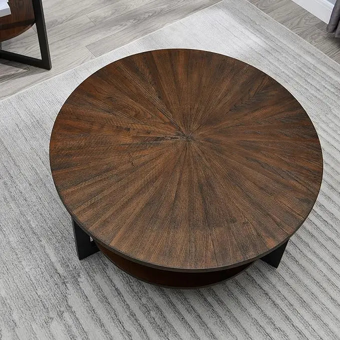 MODERION Round Coffee Table with Storage Shelf, Farmhouse Living Room Cocktail Black Metal Legs, Circular Solid Wood Center Tea Table, Sofa 35.3-''Dx17.8-''H, Natural Brown KFZ1338NC - LeafyLoom