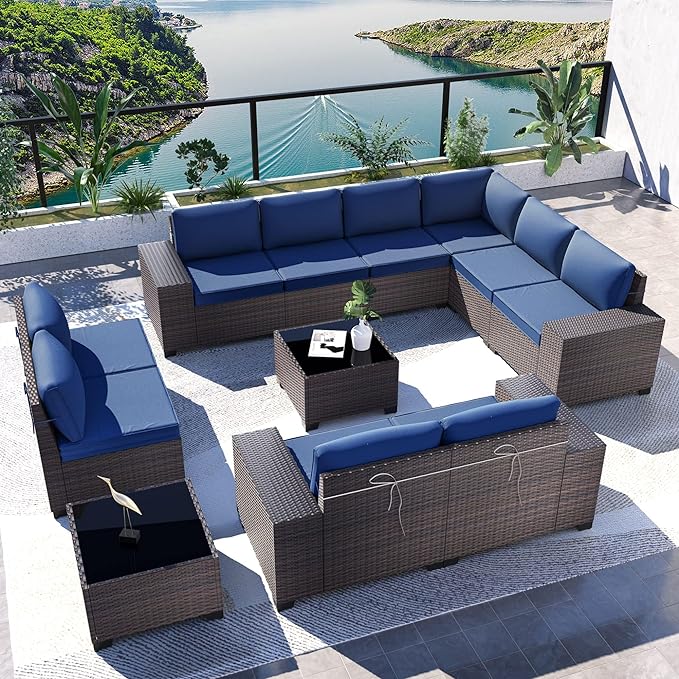 Kullavik 12PCS Outdoor Patio Furniture Set PE Wicker Rattan Sectional Sofa Patio Conversation Sets,Navy blue - LeafyLoom