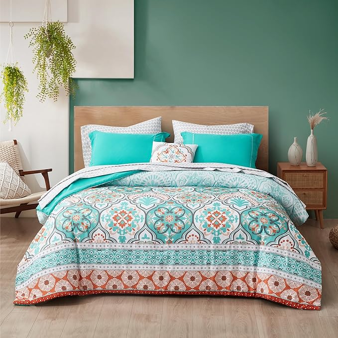 Degrees of Comfort Twin Bed in A Bag 6 Piece, Lattice Boho Bedding Sets for Teen Girls, Aqua Floral Bed Set, Microfiber Colorful Comforter Set with Sheets, Matching Decorative Pillow - LeafyLoom