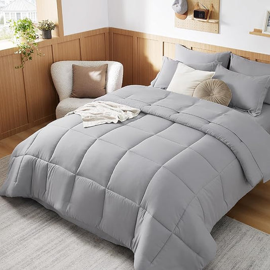 Bedsure Twin XL Comforter Set with Sheets - 5 Pieces Twin XL Grey Bedding Sets for College, Twin Extra Long Size Bed in a Bag with Comforter, Sheets, Pillowcase & Sham - LeafyLoom