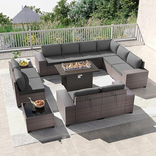 Kullavik 13PCS Outdoor Patio Furniture Set with 43" 55000BTU Gas Propane Fire Pit Table PE Wicker Rattan Sectional Sofa Patio Conversation Sets,Grey - LeafyLoom