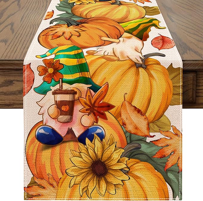 Fall Table Runner 108 Inches Long Autumn Table Runner Pumpkins Maple Leaves Gnome Fall Theme Decor for Kitchen Dining Table Home Party Decorations Unibyby