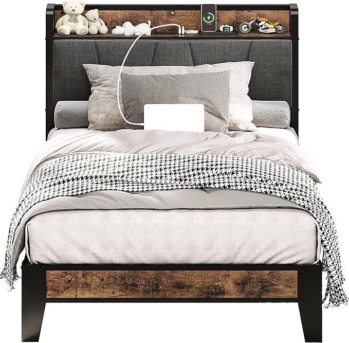 LIKIMIO Twin Bed Frames, Storage Headboard with Charging Station, Solid and Stable, Noise Free, No Box Spring Needed, Easy Assembly - LeafyLoom