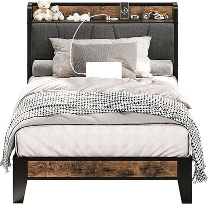 LIKIMIO Twin Bed Frames, Storage Headboard with Charging Station, Solid and Stable, Noise Free, No Box Spring Needed, Easy Assembly - LeafyLoom