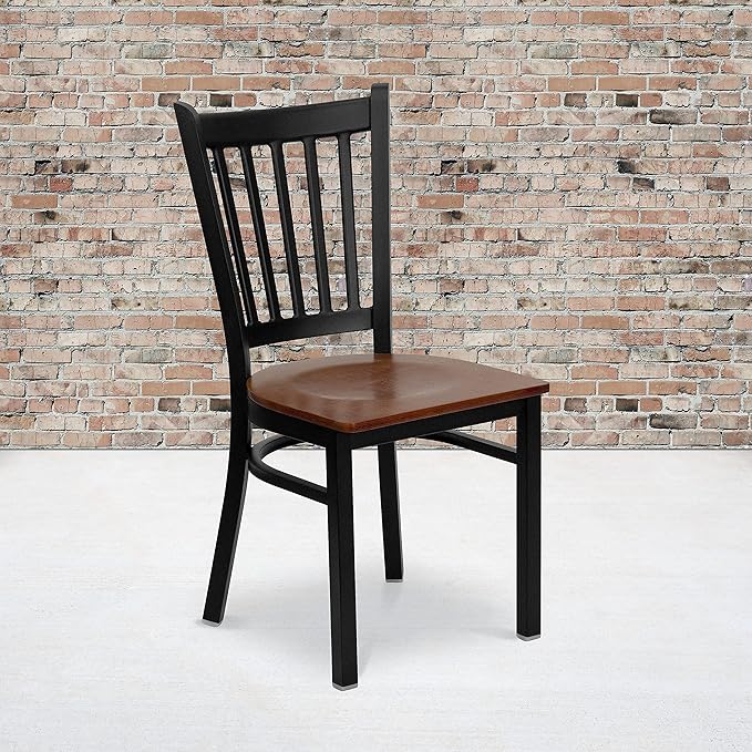 Flash Furniture HERCULES Series Black Vertical Back Metal Restaurant Chair - Cherry Wood Seat - LeafyLoom