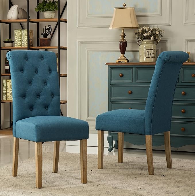 Roundhill Furniture Habit Solid Wood Tufted Parsons Dining Chair (Set of 2), Blue - LeafyLoom