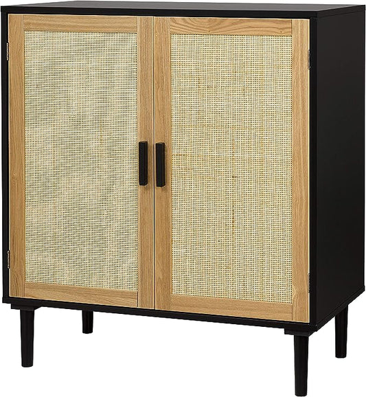 Finnhomy Sideboard Buffet Cabinet, Kitchen Storage Cabinet with Rattan Decorated Doors, Accent Liquor Cabinet for Bar, Dining Room, Hallway, Cupboard Console Table, 31.5X 15.8X 34.6 Inches - LeafyLoom