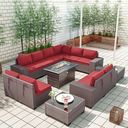 Kullavik 13 Pieces Outdoor Patio Furniture Set with 43" 55000BTU Gas Propane Fire Pit Table PE Wicker Rattan Sectional Sofa Patio Conversation Sets,Red - LeafyLoom