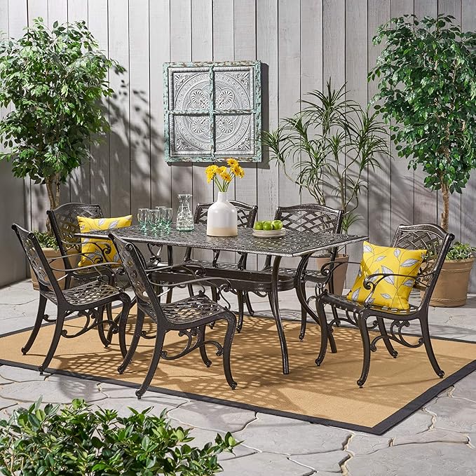 Christopher Knight Home Hallandale Outdoor Sarasota Cast Aluminum Rectangular Dining Set, 7-Pcs Set, Hammered Bronze - LeafyLoom