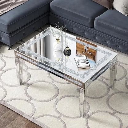 Silver Coffee Table with Crystals Inlay, 35 inches Modern Contemporary Accent Side or Coffee Table for Living Room with Mirrored Finished - LeafyLoom