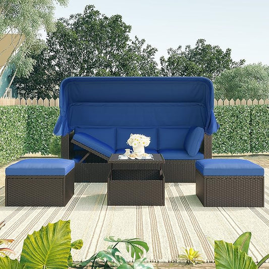 Patio Rectangle Daybed with Retractable Canopy and Lift Up Side Table, PE Rattan Wicker Outdoor Furniture Sectional Sofa Set Sunbed w/Ottoman for Garden, Onesize, Grey Rattan&Blue Cushions - LeafyLoom