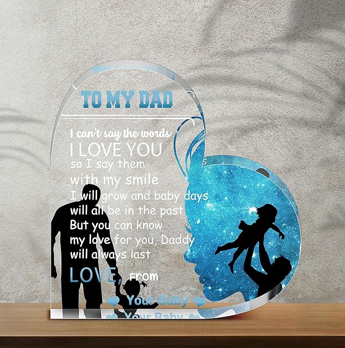 Birthday Gifts for Dad Father, Blue Heart Shaped Acrylic Desk Decor for Home Office Gifts for Dad from Daughter - LeafyLoom