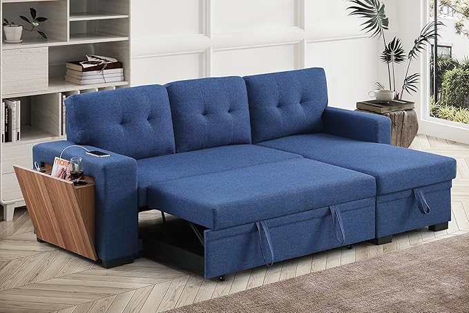 RITSU L Shape Sectional Sofa Pull Out Sleeper Bed with Storage, Reversible Couch w/Side Shelf and USB Charging Port, Linen Upholstered Tufted Cushion, for Living Room,Bedroom, Blue, 92 inch - LeafyLoom