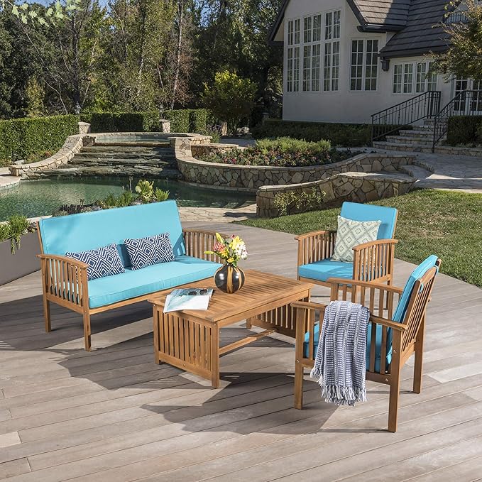 Christopher Knight Home Carolina Outdoor Acacia Wood Sofa Set with Water Resistant Cushions, 4-Pcs Set, Brown Patina / Teal - LeafyLoom