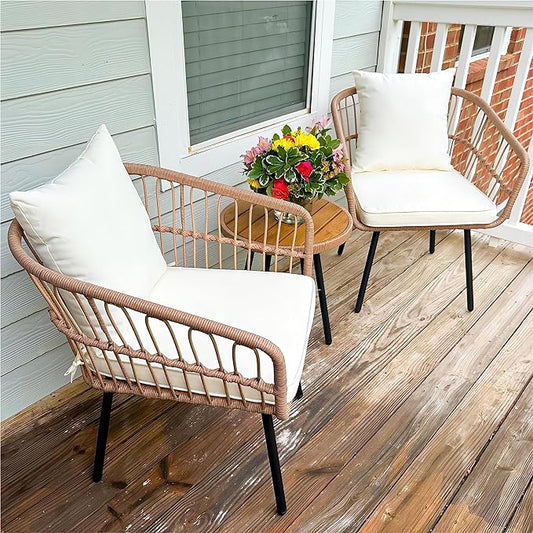 YITAHOME 3 Pieces Outdoor Wicker Patio Conversation Bistro Set, All-Weather Rattan Patio Furniture Set with Table & Cushions, Outdoor Sectional Sofa for Patio, Balcony, Backyard, Deck - LeafyLoom