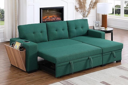 RITSU L Shape Sectional Sofa Pull Out Sleeper Bed with Storage, Reversible Couch w/Side Shelf and USB Charging Port, Linen Upholstered Tufted Cushion, for Living Room,Bedroom, Green, 92 inch - LeafyLoom