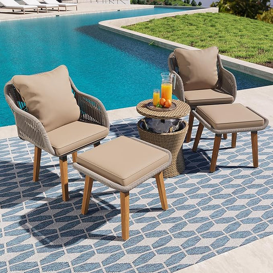 5-Pieces Outdoor Furniture Bistro Set with Wicker Cool Bar Table, Rope Weaving Patio Chairs and Ottomans for Porch Backyard Balcony Poolside, Onesize, Brown - LeafyLoom