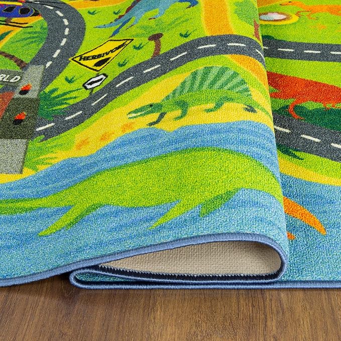 KC Cubs Playtime Collection Dinosaur Dino Safari Road Map Educational Learning & Game Area Rug Carpet for Kids and Children Bedrooms and Playroom (8'2" x 9'10") - LeafyLoom