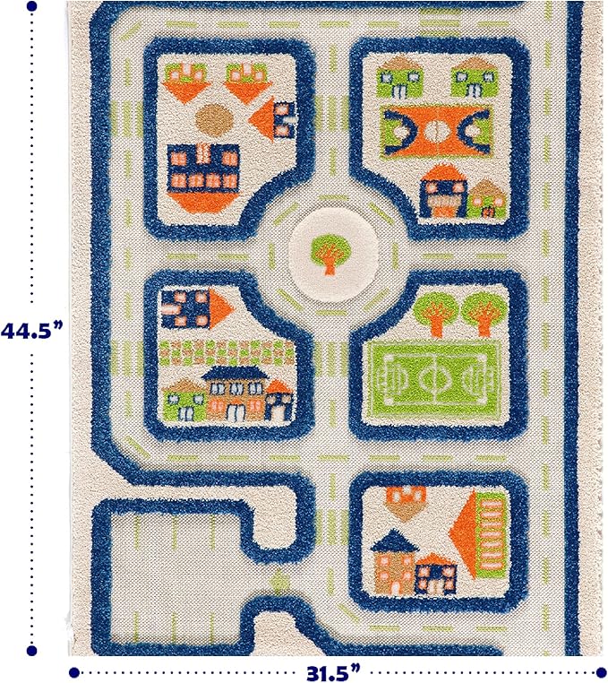 IVI Thick 3D Childrens Play Mat & Rug in A Colorful Town Design for Kids with Soccer Field, Car Park & Roads, Blue, 32 x 45 inches - LeafyLoom