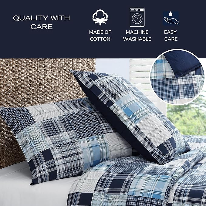 Nautica - Twin Comforter Set, Soft Cotton Bedding with Matching Sham, Patchwork Inspired Home Decor, Dorm Room Essentials (Mason Blue, Twin/Twin XL) - LeafyLoom