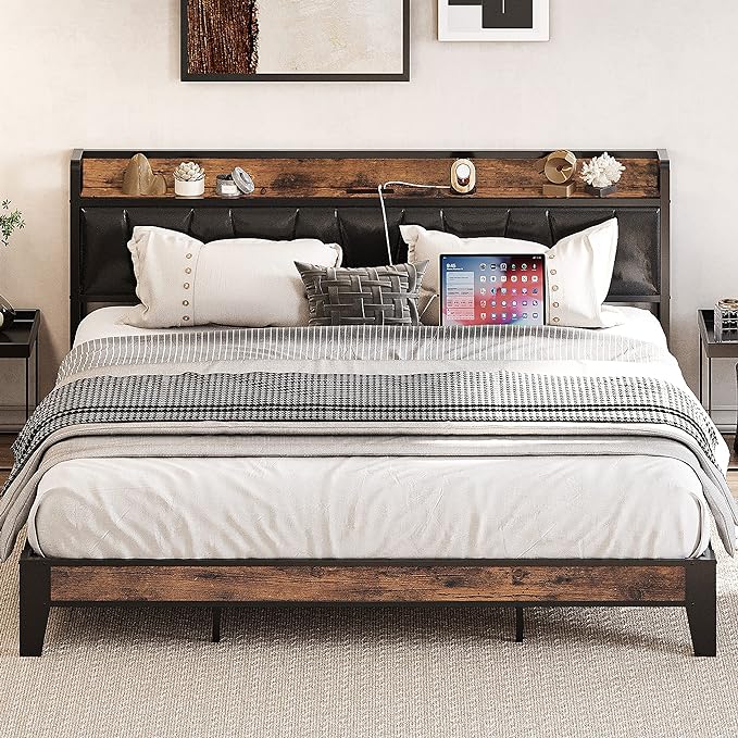 LIKIMIO King Bed Frame, Storage Headboard with Charging Station, Solid and Stable, Noise Free, No Box Spring Needed, Easy Assembly (Vintage and Black) - LeafyLoom