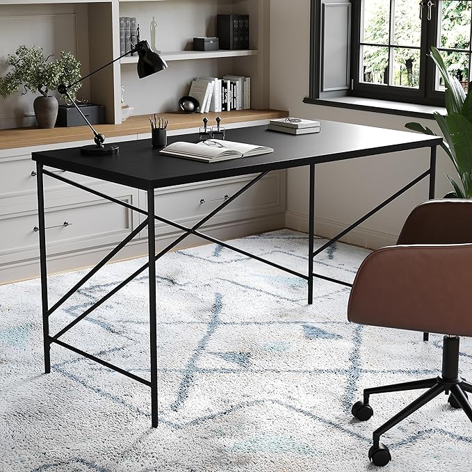 Martha Stewart Maddox Home Office Parsons Desk in Black Wood Grain with Oil Rubbed Bronze Metal X-Frame - LeafyLoom