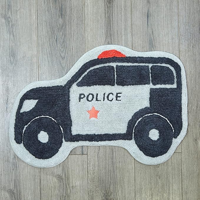 Hand Tufted Police Car Bedroom or Bathroom Rug - 30x20 in; 100% Cotton Kids Bathroom Mat; Decorative Kids Area Rug - LeafyLoom