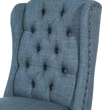 OSP Home Furnishings Jessica Button Tufted Wingback Upholstered Dining Chair with Wood Legs, Navy Blue Fabric - LeafyLoom