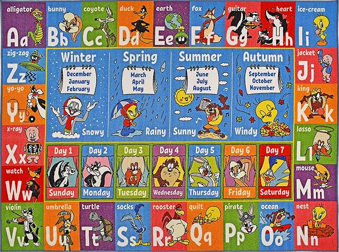 KC Cubs | Looney Tunes ABC Alphabet, Seasons, Months and Days of The Week Educational Learning & Game Play Area Non Slip Boy & Girl Kids Rug Carpet for Children Bedroom, Toddler Classroom & Baby Mat - LeafyLoom