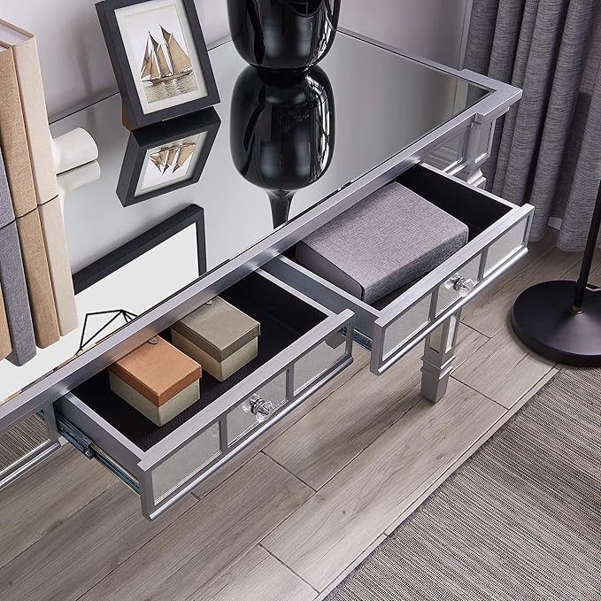 SEI Furniture Glenview Glam Mirrored Writing Desk w/ Drawers, Matte Silver - LeafyLoom