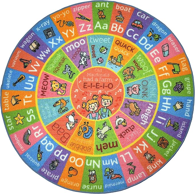 KC Cubs Playtime Collection ABC Alphabet with Old MacDonald's Animals Educational Learning & Game Round Circle Area Rug Carpet for Kids and Children Bedrooms and Playroom - LeafyLoom