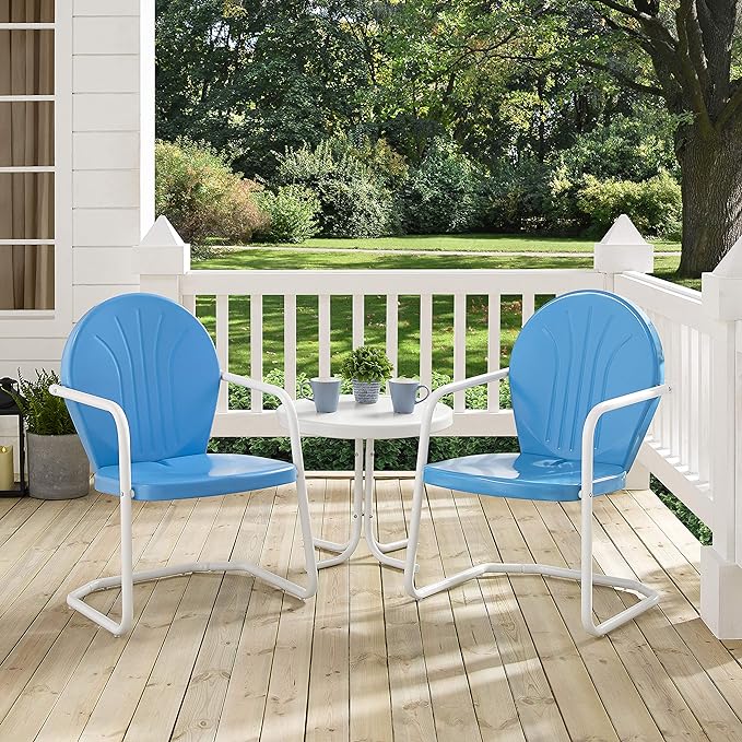 Crosley Furniture KO10004BL Griffith 3-Piece Retro Metal Outdoor Seating Set with Table and 2 Chairs, Sky Blue - LeafyLoom