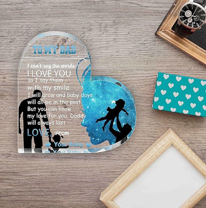 Birthday Gifts for Dad Father, Blue Heart Shaped Acrylic Desk Decor for Home Office Gifts for Dad from Daughter - LeafyLoom