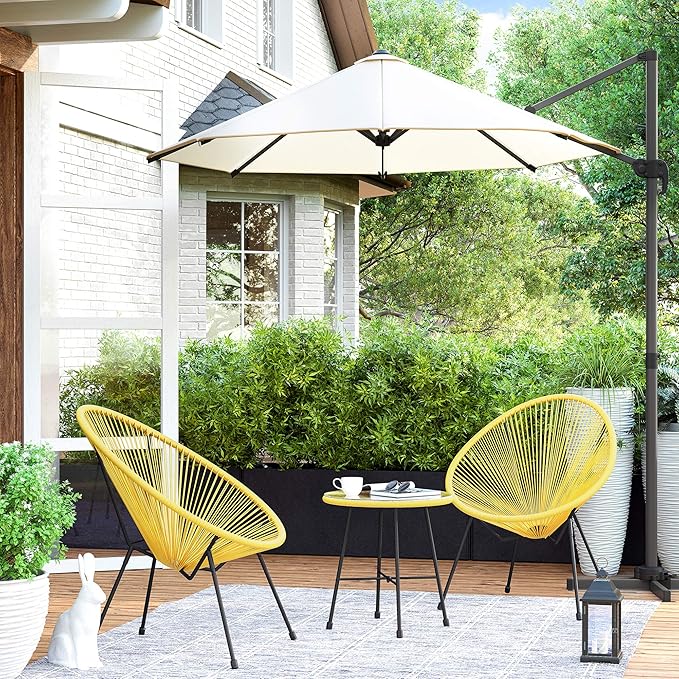 SONGMICS 3-Piece Outdoor Seating Acapulco Chair, Modern Patio Furniture Set, Glass Top Table and 2 Chairs, Indoor and Outdoor Conversation Bistro Set, Yellow UGGF011Y01 - LeafyLoom