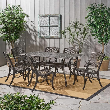 Christopher Knight Home Hallandale Outdoor Sarasota Cast Aluminum Rectangular Dining Set, 7-Pcs Set, Hammered Bronze - LeafyLoom