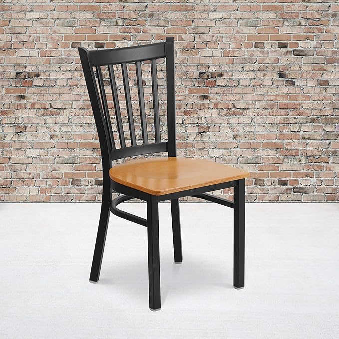 Flash Furniture HERCULES Series Black Vertical Back Metal Restaurant Chair - Natural Wood Seat - LeafyLoom